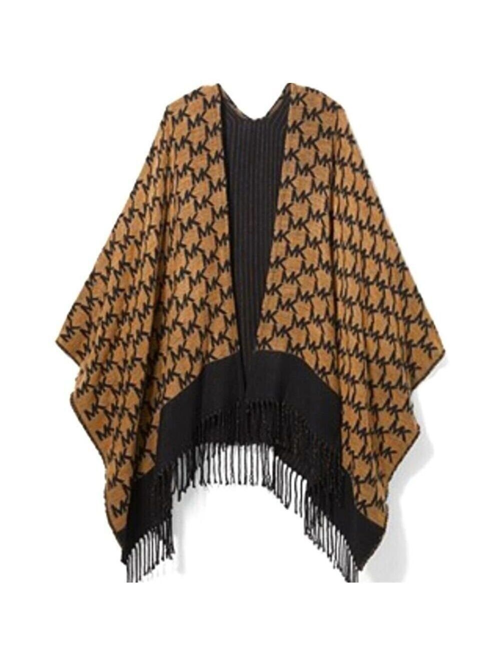 Michael Kors Logo Jacquard Fringed Ruana Poncho Camel Black